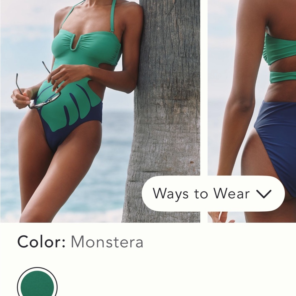 Monstera Green & Navy One Piece High-Waist Bikini